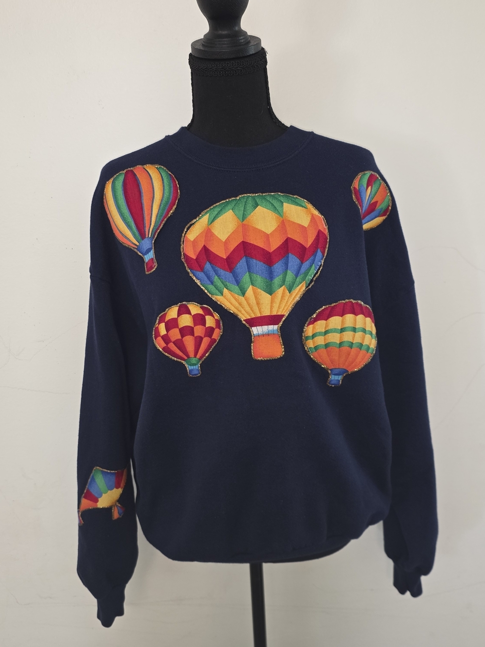 Jerzees Navy Crewneck Sweatshirt with Colorful Hot Air Balloon Appliqués
